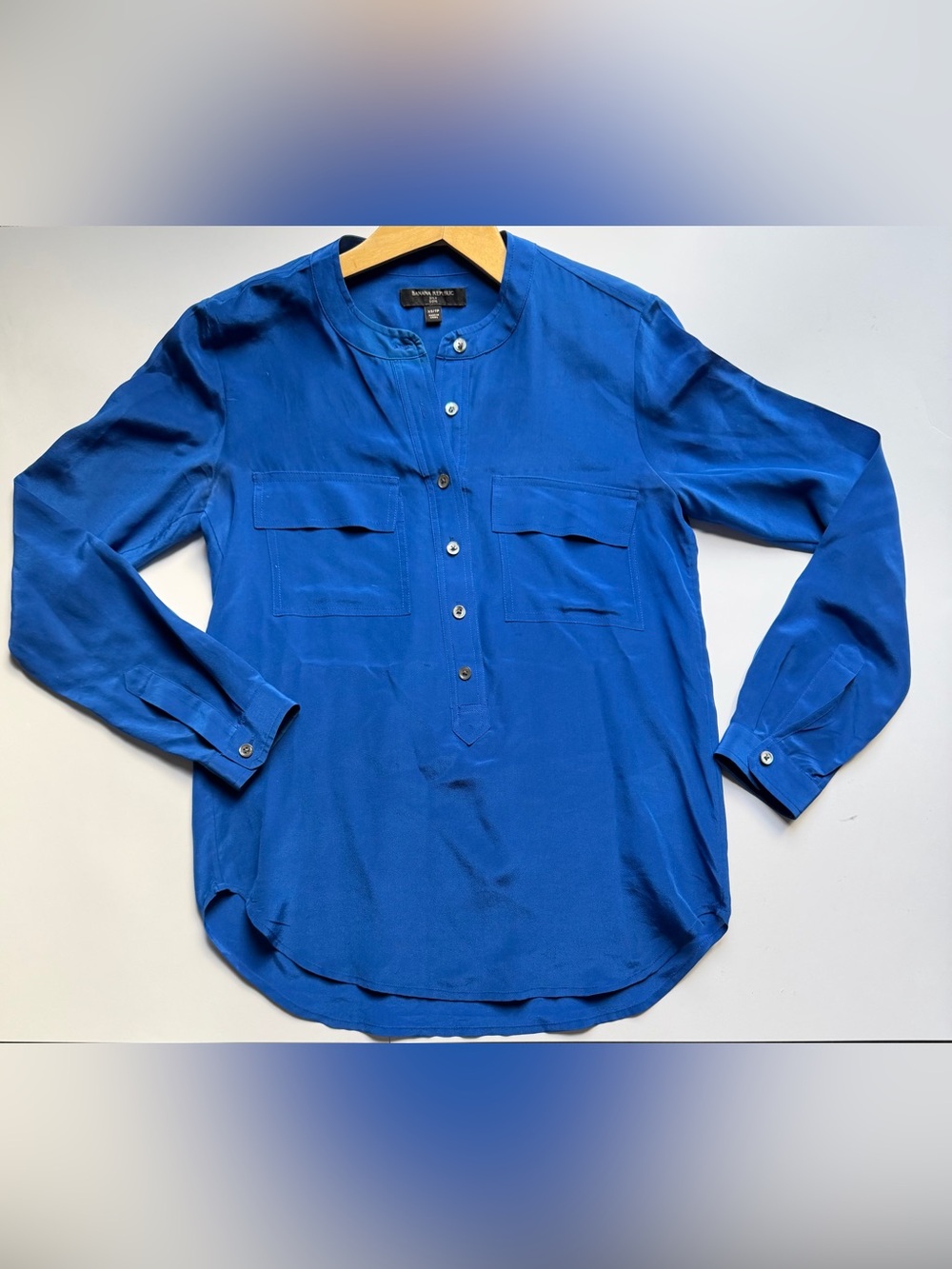 Banana Republic 100% Silk Cobalt Blue Utility Blouse XS Long Sleeve